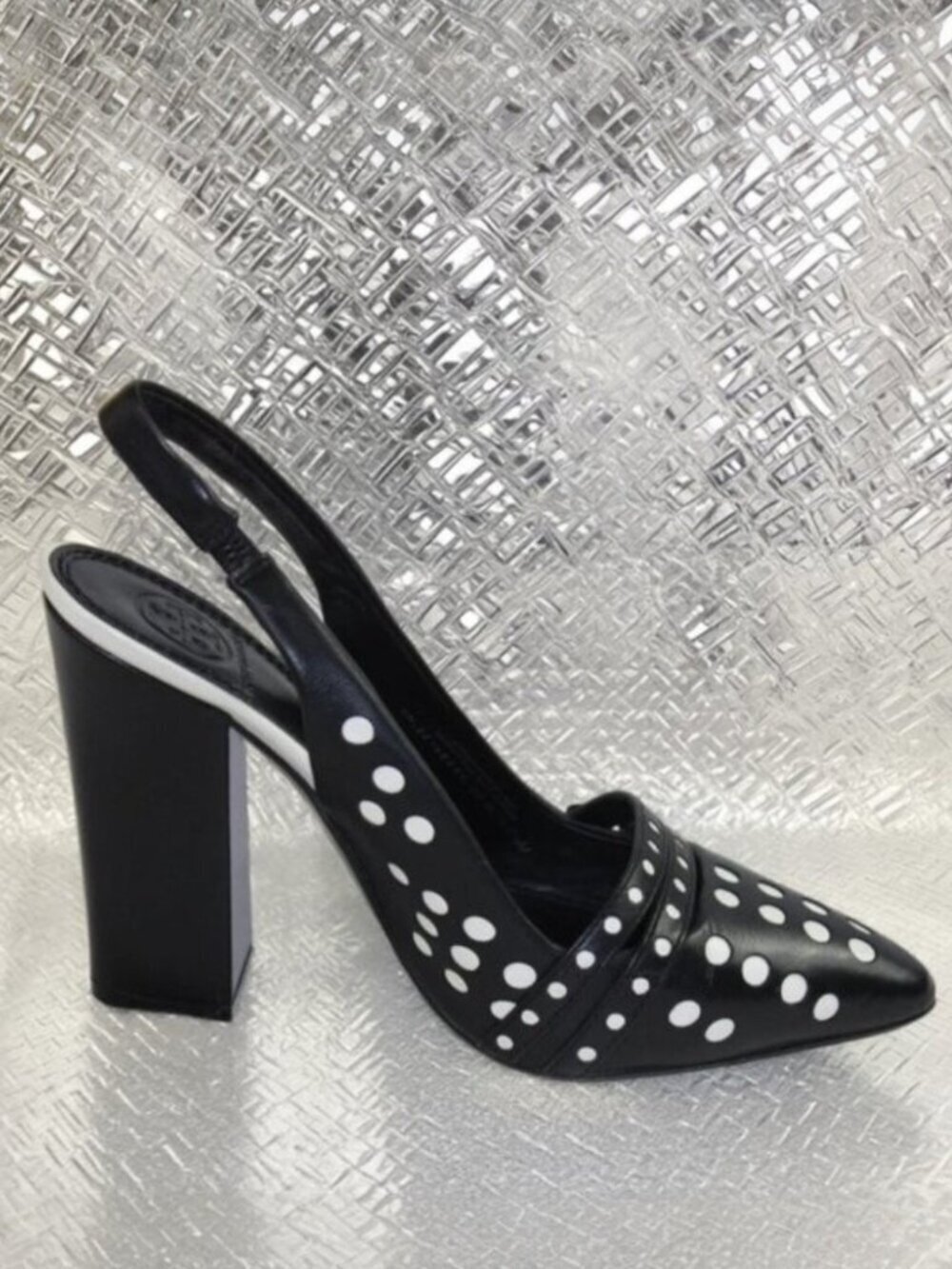 Tory Burch Kay Black Ivory Polka Dot Pointed Toe Slingback Pumps Size 6.5
